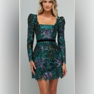 Elegant Green and Purple Lace Midi Dress